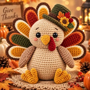 May include: A crocheted turkey figurine featuring a tan body, yellow beak, and red wattle. The turkey wears a green hat adorned with autumn-colored leaves and a sunflower. Its tail feathers are layered in shades of brown, orange, and green.