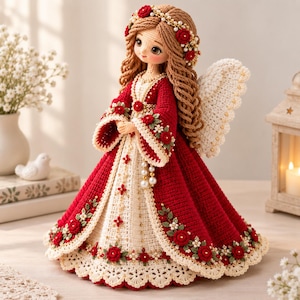 May include: A handcrafted crochet doll featuring long wavy brown hair adorned with a floral crown of red roses and white pearls. The doll wears a long red and cream dress with intricate rose embroidery, pearl accents, and white angel wings.