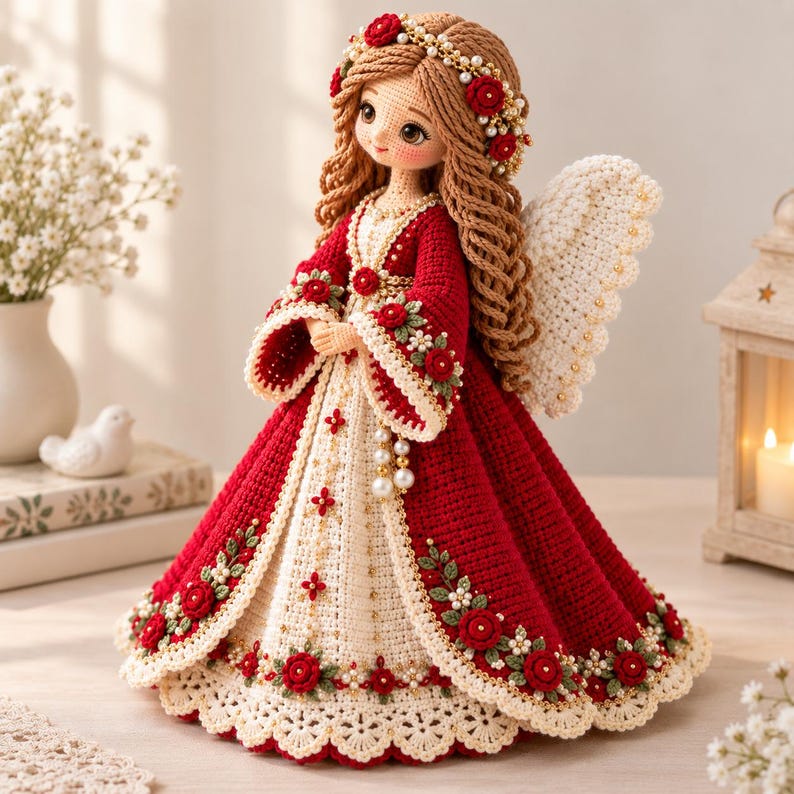 May include: A handcrafted crochet doll featuring long wavy brown hair adorned with a floral crown of red roses and white pearls. The doll wears a long red and cream dress with intricate rose embroidery, pearl accents, and white angel wings.