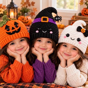 May include: Three crocheted beanies featuring Halloween themes. The left beanie is orange with a jack-o'-lantern face and green stem. The centre beanie is black with a purple band, orange buckle, and a spider. The right beanie is white with a ghost face.