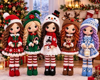 Christmas Doll Crochet Pattern PDF, Amigurumi Santa Elf Snowman Reindeer Snowflake Girl Dolls, 12 Inch Holiday Doll Set