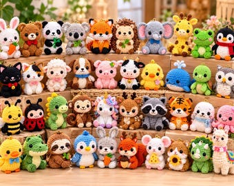Amigurumi Animal Keychain Crochet Pattern PDF Bundle, 40 Cute Animals, Sitting Amigurumi, Kawaii Crochet Keychains, Instant Download