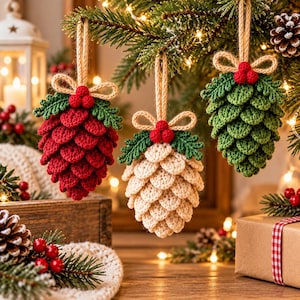 Mönster för virkade tallkottornament, juldekoration med järnekbär (PDF-nedladdning)