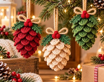 May include: Three crocheted pinecone ornaments hanging from jute twine loops. Each ornament features a cluster of three small red berries and green crocheted leaves at the top. The pinecones are coloured in deep red, cream, and forest green yarn.
