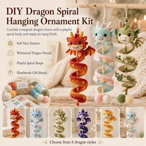 Peut inclure: Un kit de décoration à suspendre en forme de dragon en spirale DIY comprenant des dragons en crochet avec des corps en spirale. Le kit contient du fil, des instructions et le matériel pour créer six styles de dragons en rouge, bleu, vert, violet, jaune et bleu clair.