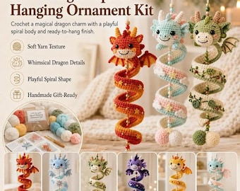 May include: A DIY Dragon Spiral Hanging Ornament Kit featuring crochet dragon charms with spiral bodies. The kit includes yarn, instructions, and materials to create six different dragon styles in red, blue, green, purple, yellow, and light blue.