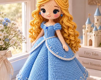 May include: A handcrafted crochet doll featuring long, curly yellow yarn hair styled in an updo with a gold-toned tiara. The doll wears a blue crocheted gown with white pearl-like accents, a blue gemstone at the neckline, and matching blue earrings.