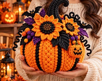May include: A crocheted orange and black pumpkin decoration featuring two large orange sunflowers, purple and black leaves, small purple berries, two black bats with yellow eyes, and a small dangling jack-o'-lantern pumpkin charm.