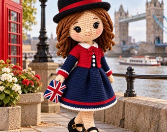 May include: A crocheted doll with brown curly hair wearing a black hat with a red band, a red jacket with white buttons, and a navy blue dress with white and red trim. The doll holds a small square bag featuring the Union Jack flag pattern.