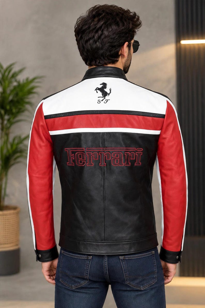 Car Racing Leather Jacket Men's Genuine Sheep Leather Racing Jacket, Black White Red Motorsport ...