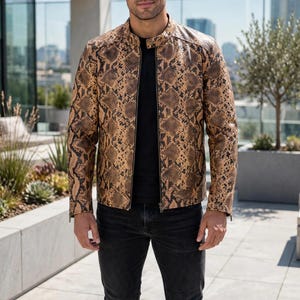 Men's Python Print Leather Jacket | 100% Genuine Sheep Leather, Stand Collar Biker Style