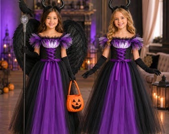 Strój Maleficent dla dziewcząt, strój Złej Królowej dla dzieci, strój Raven dla dziewcząt na Halloween