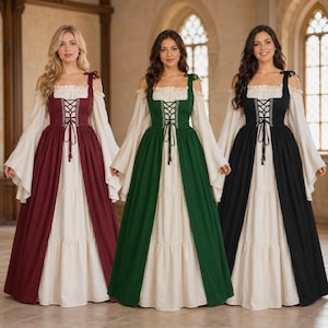 Puede incluir: Tres vestidos largos hasta el suelo con una base color crema, mangas largas acampanadas y escote descubierto. Cada vestido tiene un corpiño superpuesto de color sólido en burdeos, verde o negro, con un detalle de cordones central.