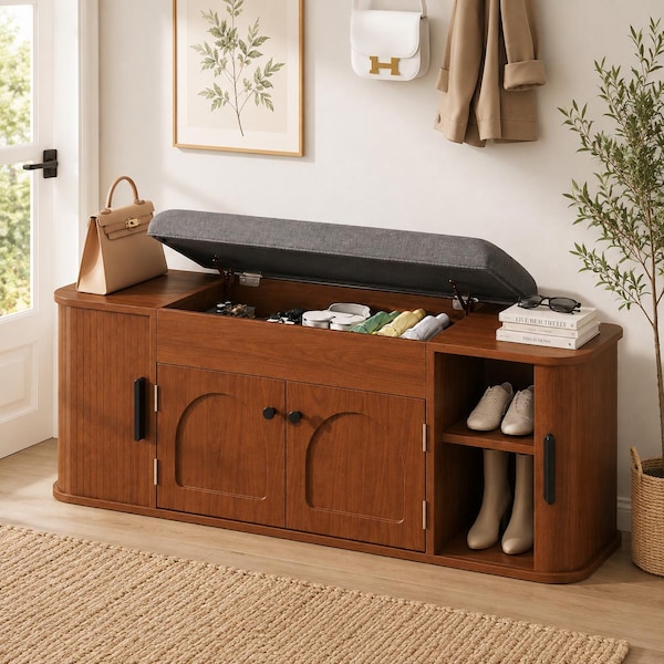 Cherry Wood Shoe Storage Bench | Entryway Cabinet with Cushion Seat | Arched Door Hallway Bench with Hidden Storage & Shelves | Shoe Rack