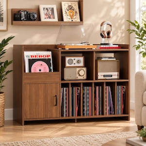 May include: A brown wooden media console featuring a top surface for a record player, a side compartment for vinyl records, a cabinet with a black handle, and open shelving holding two vintage-style radios, a book, and rows of vinyl records.