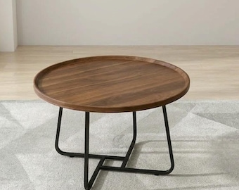 Round Coffee Table with Tray Edge | Walnut Wood Look Metal Base | Small Living Room Accent Table | Modern Farmhouse Side Table | End Table