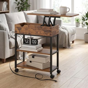 May include: A mobile side table with a dark wood grain finish and a black metal frame. It features a lift-top mechanism, a storage compartment, two lower shelves, and four caster wheels. A digital clock displaying 12 09 sits on a shelf.