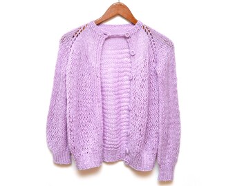 70s Soft Lilac Crochet Cardigan Women's Small Hand Made
