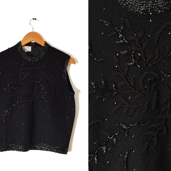 50s Lambswool Beaded Knit Blouse Sleeveless Womens Large XL Black Sequined Floral Leaves Formal Separate Monrose Sportswear Hong Kong