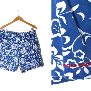 90s Polo Sport Shorts Mens 32 Spell Out Floral Blue Embroidered