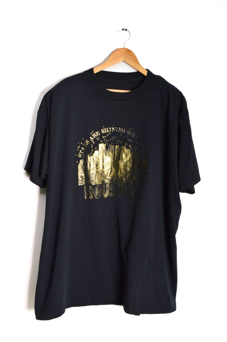 90s Stars Shine Brighter Houston Oversized Shirt XXL Nightgown Black Gold