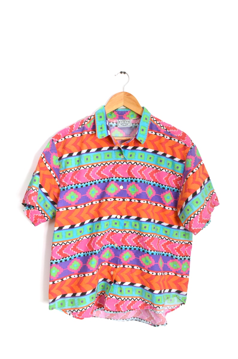 80s Patterned Button Down Shirt Womens Large Rainbow Aztec Ikat