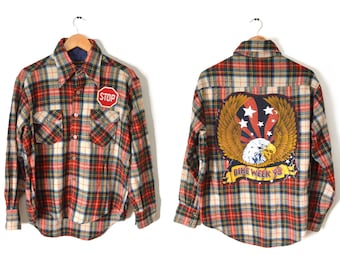 Upcycled Flannel Shirt Large Wool Eagle Bike Week Stop Patch Punk Plaid Grunge