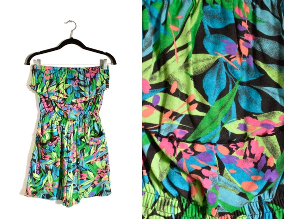 80s Tropical Jersey Romper Womens Medium Tube Top… - image 1