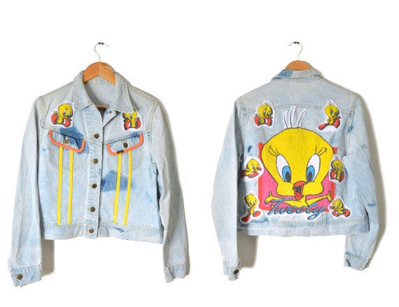80s Tweety Bird Denim Jacket Distressed Womens Med