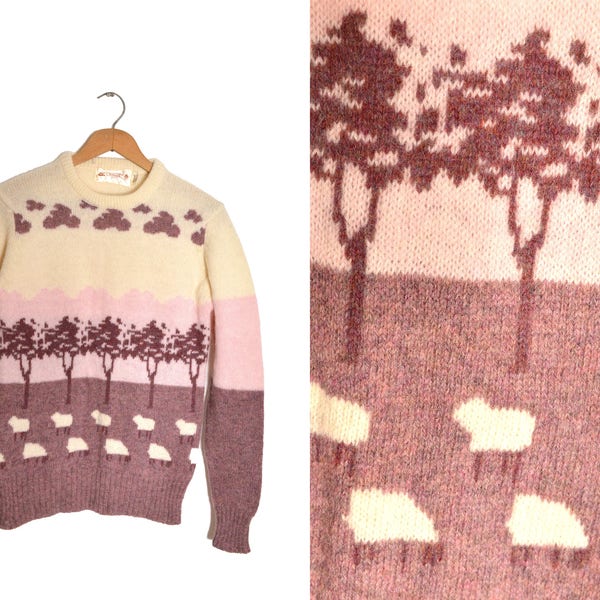 80s Sheep and Trees Sweater Adorable Women's Small Purple Pink
