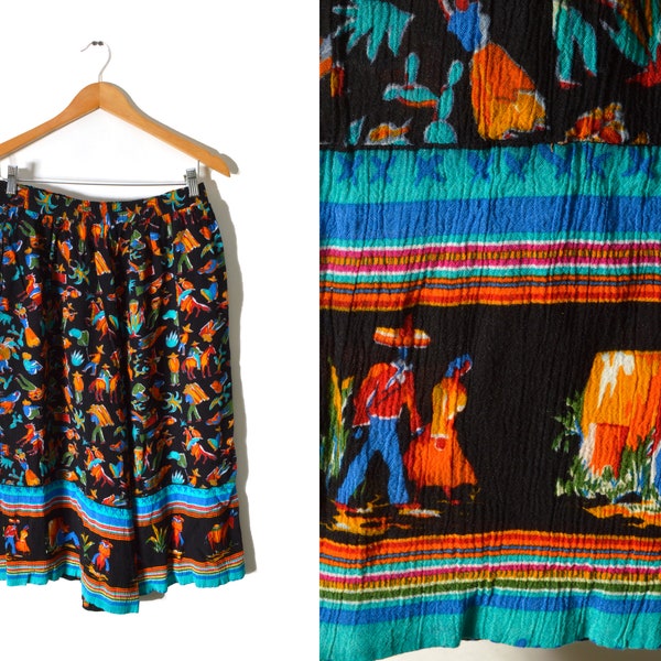 Pantalon Gaucho à motifs des années 80 Femme 27 « Motif folklorique mexicain Cactus Donkey Crop Wide Leg