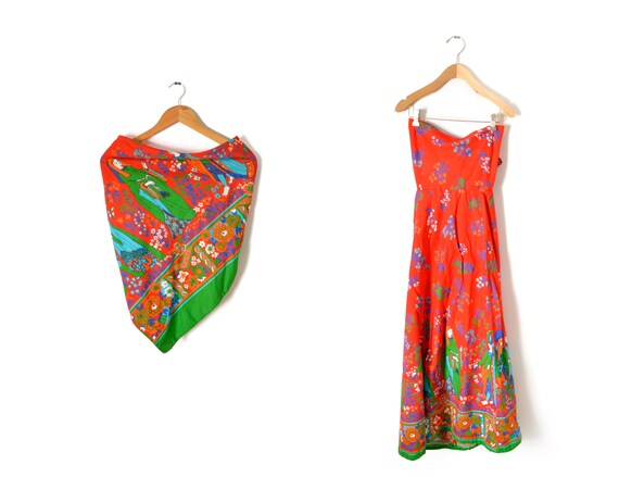 80s Boho Dress Outfit Small Scarf Red Floral Europ
