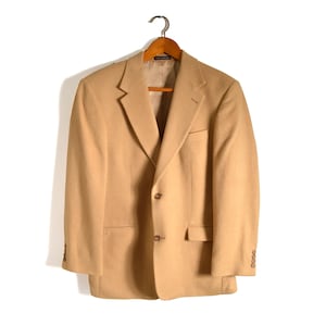 80s Lacrosse Camel Hair Sport Coat 44 46 Button Front Collared Men&#39;s Suit Jacket