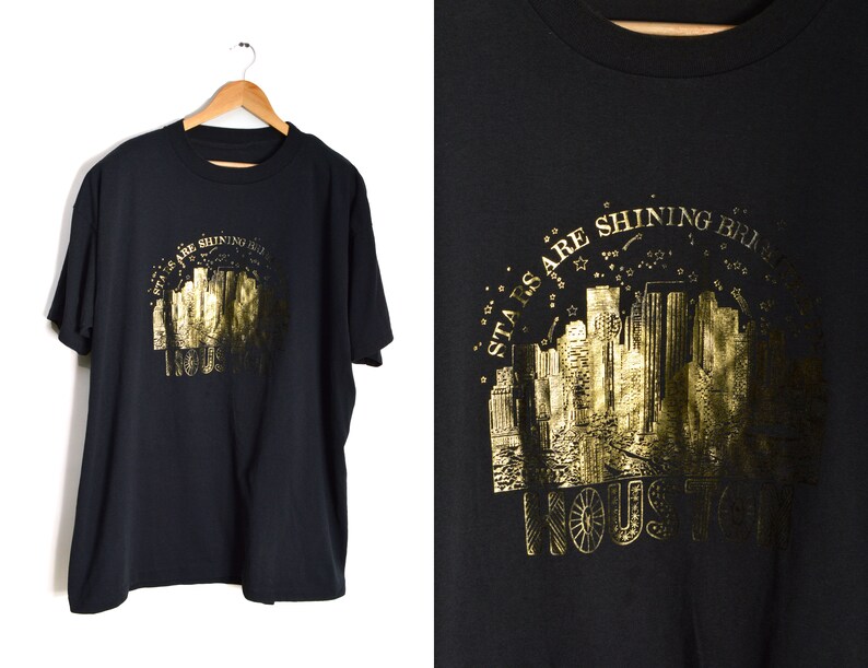 90s Stars Shine Brighter Houston Oversized Shirt XXL Nightgown Black Gold