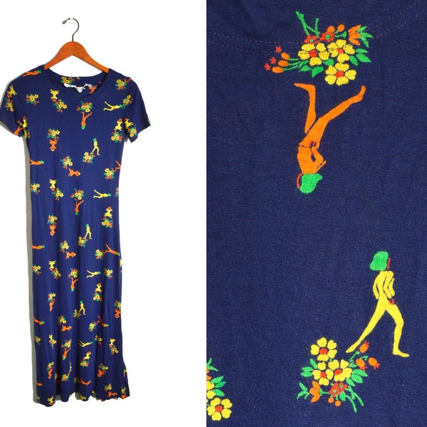 70s Wonka Oompa Loompa Maxi Dress Womens Small Medium Jersey T-shirt Maxi Navy Blue Orange Green Floral Abstract Funky Graphic Print