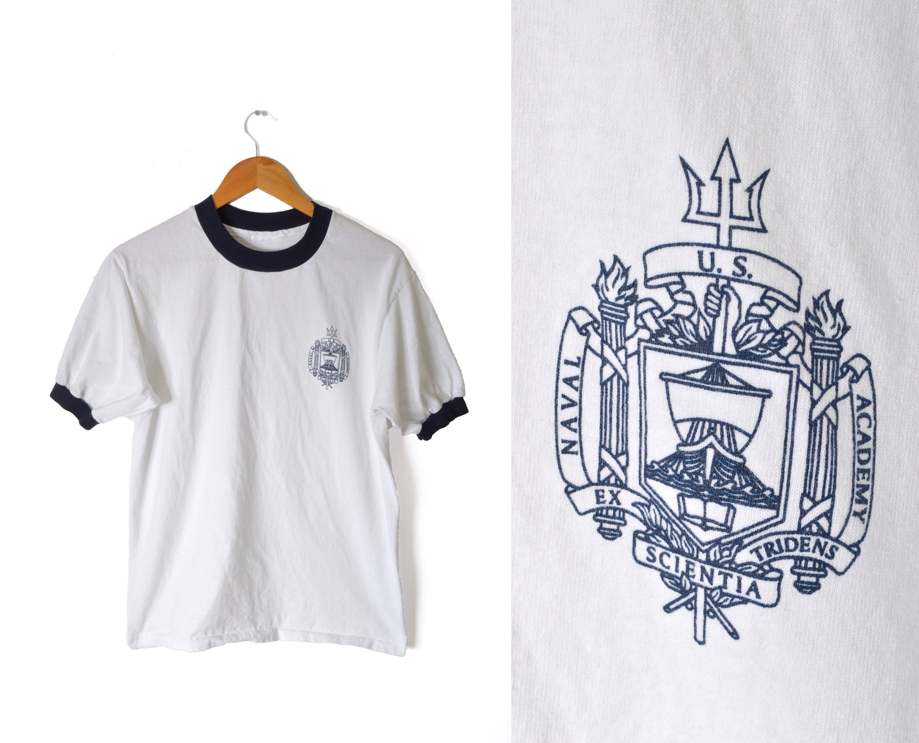 90s Naval Academy Ringer Shirt Medium US Military Single Stitch