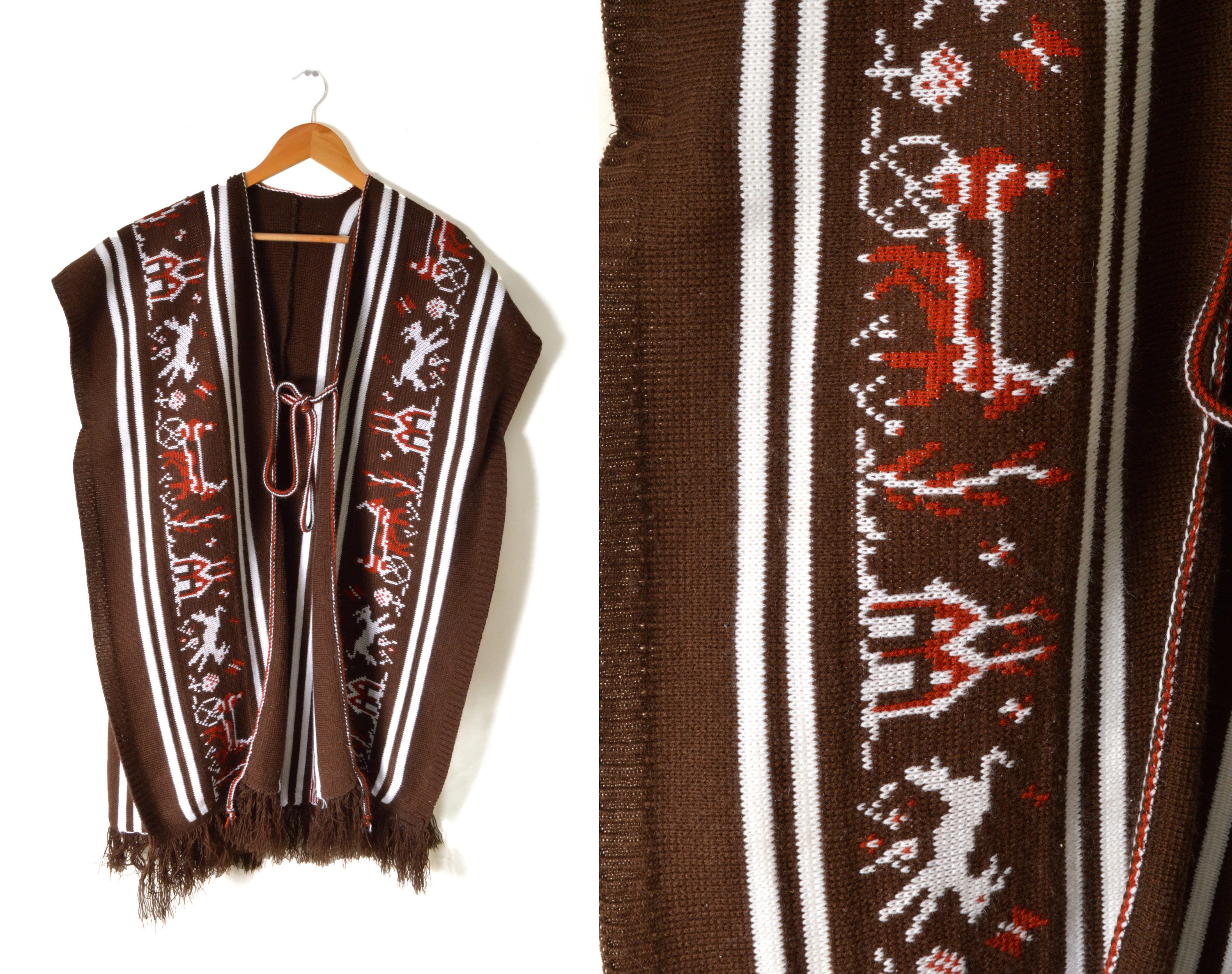 ポンチョ・ケープ [LeNIC&McCOY] Checkered Fringe Knit Hooded Loose Fit Pancho 70s Pioneer Poncho Fringe OSFM Oregon Trail Fringe Brown