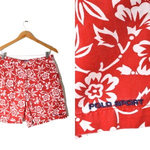 90s Polo Sport Shorts Mens 32 Spell Out Floral Red Embroidered
