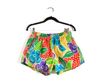 80s Jams World Floral Shorts Mens Medium Trunks Cotton Lined Pockets Drawstring Elastic Waist Hawaiian Tropical