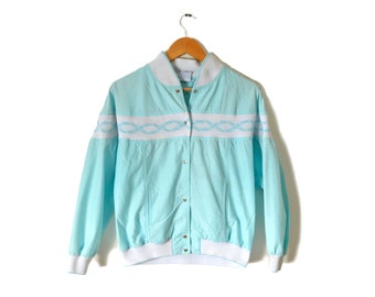 80s Woven Jacket Women&#39;s Petite Large Aqua Snap Up Bomber Aztec
