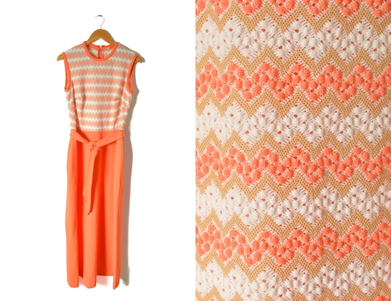 70s Woven Peach Maxi Dress Women's Large Lady Car… - image 1