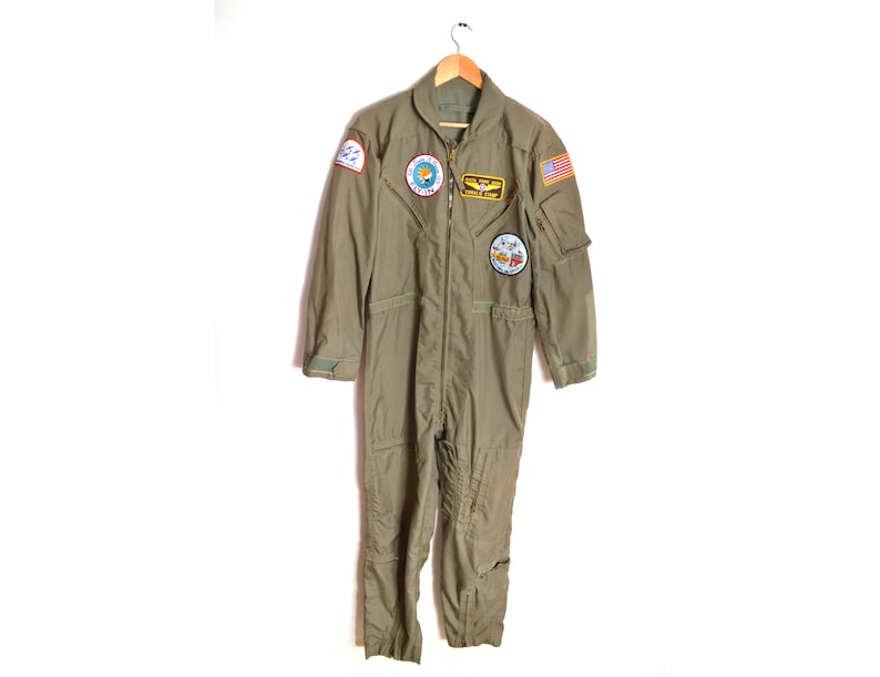 80s Green Flightsuit Mens 42R Work Coverall Long Sleeve Adjustable Pockets