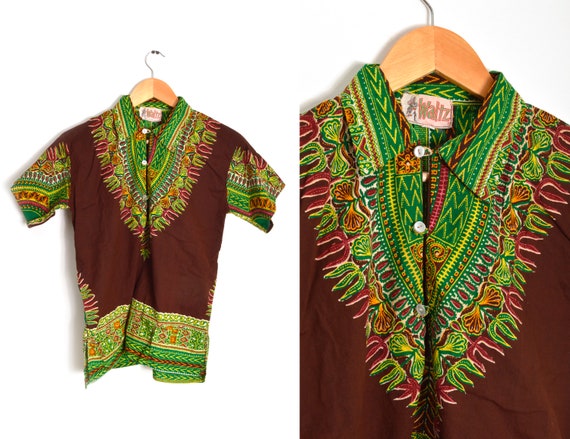 70s Small Dashiki Blouse Green Brown