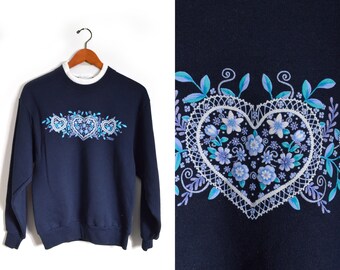 80s Grandma Sweatshirt Small Layered Pullover Graphic Grandma Navy Blue Lace Heart Floral Morning Sun