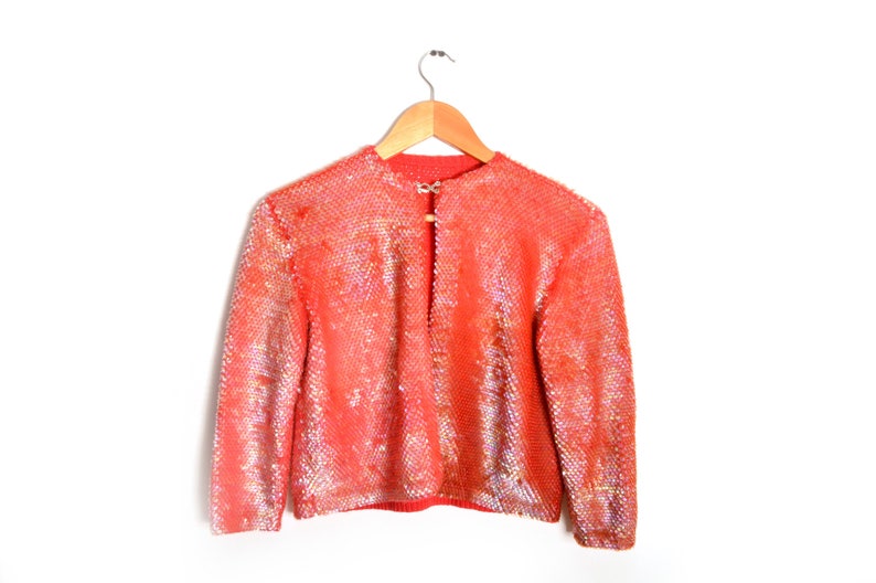 80s Sequined Cardigan Women/'s Medium Peach
