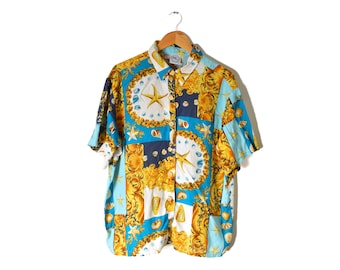 Chemise hawaïenne des années 80 XL Surdimensionné Bouton Down Starfish Rayonne Tropical Aloha Luxury Gold Coquillages dorés Renaissance