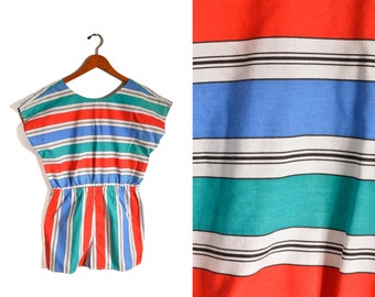80s Striped Romper Shorts Cut Out Women's Size Medium Cotton Blend Elastic Waist Eber Blue Green Red Short Sleeve