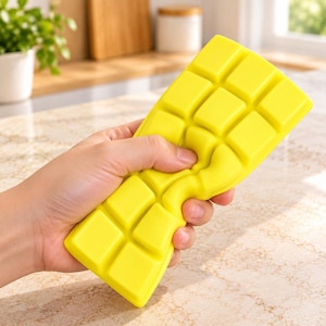 May include: A flexible, bright yellow silicone mold shaped like a rectangular chocolate bar with twelve individual square cavities. The material is pliable and smooth, allowing it to be easily bent and held in the hand while maintaining its form.
