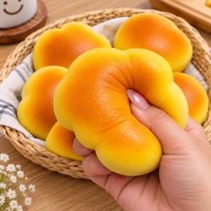 May include: A soft, squishy, yellow and orange foam toy shaped like a rounded bun. The surface has a smooth, slightly textured appearance with a gradient color transition from a bright yellow center to a warm orange edge, held in a woven basket.
