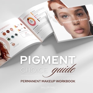 Può includere: Un manuale di trucco permanente guida alla scelta dei pigmenti con pagine aperte che mostrano grafici della scala Fitzpatrick, diagrammi a colori e fotografie di volti. La copertina riporta il testo PIGMENT CHOICE GUIDE e PERMANENT MAKEUP WORKBOOK.